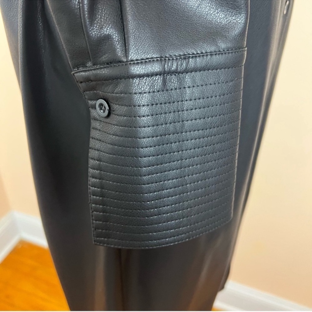New! GRACIA Puff Sleeve Belted Faux Vegan Leather Trench Coat Midi Dress - Picture 11 of 11